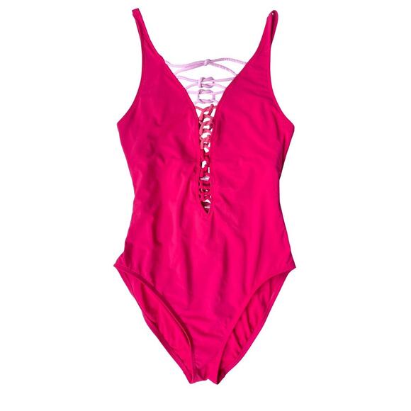Bleu Rod Beattie Pink Lace-Up Plunge One-Piece Swimsuit - Size 10 - Picture 3 of 15